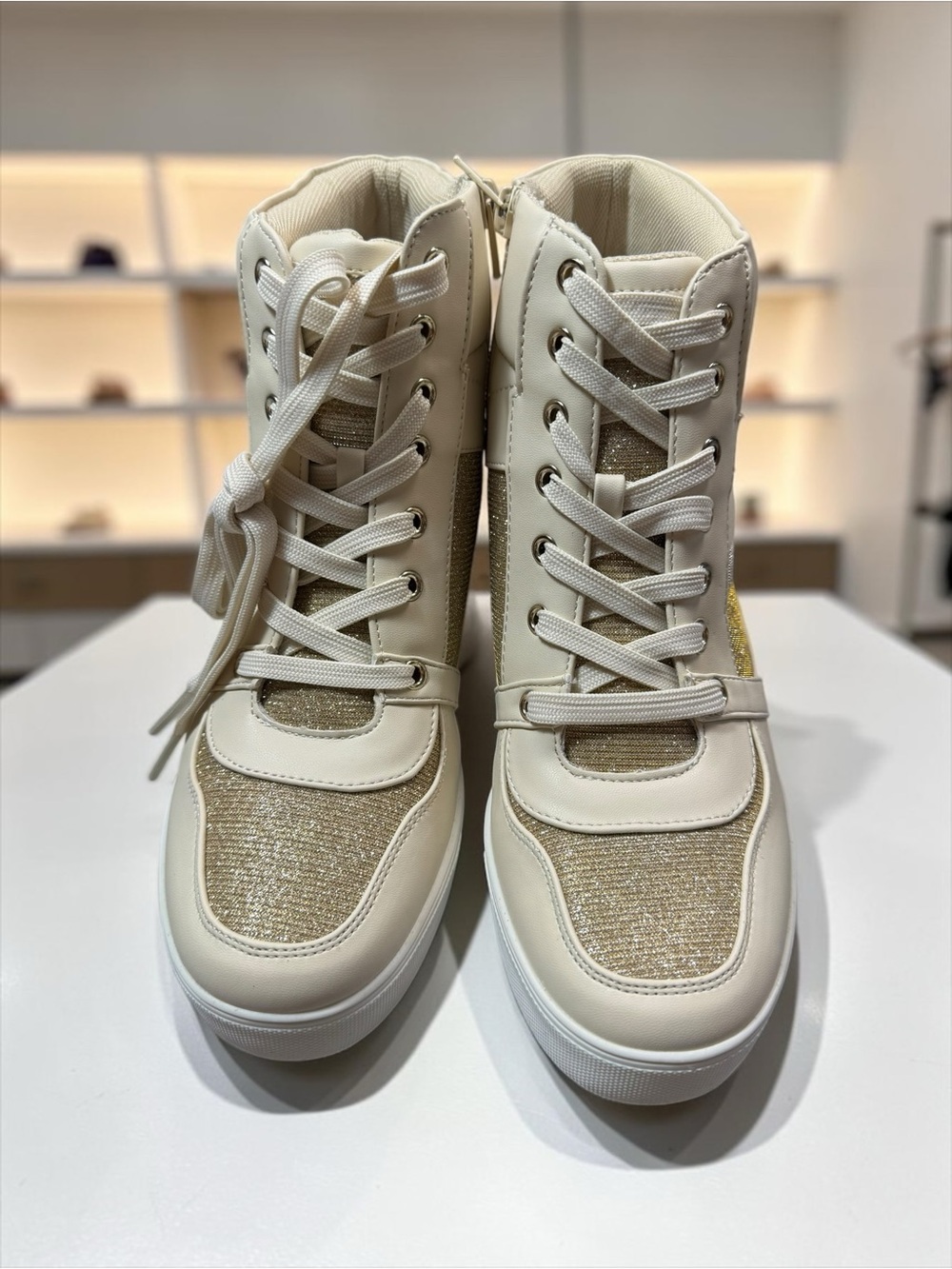 New BCBGeneration Jansy High-Top Wedge Sneakers In Bianca/Platino Size 6.5 - Picture 2 of 8